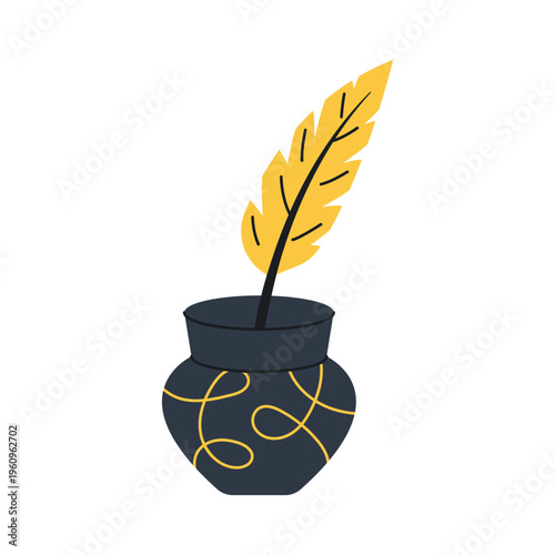 Quill pen in inkwell icon. Vintage feather writing tool for calligraphy, literature, education and stationery design.