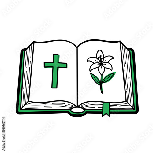 Open Bible with green cross and flower illustration representing Easter  