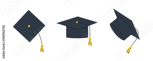 Set of graduation caps in different views. Academic mortarboard hats for commencement, degree ceremony and student success.