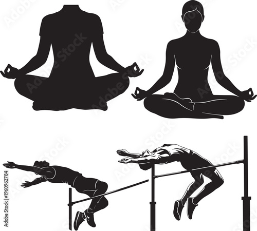 A simple vector illustration of a woman in a yoga meditation pose silhouette representing relaxation health and spirituality.