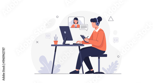 Online Meeting Concept: Woman Working From Home with Headphones and Computer
