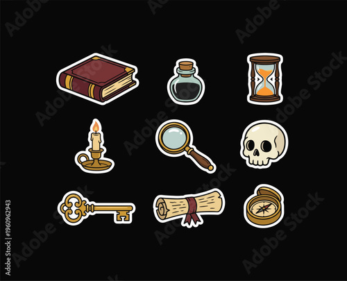Cartoon Mystery and Detective Sticker Set with Old Book, Candle, Magnifying Glass, Key, Skull, Hourglass and Ink Bottle on Black Background