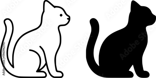 Cat illustration icon, outline and silhouette, for animal symbol design