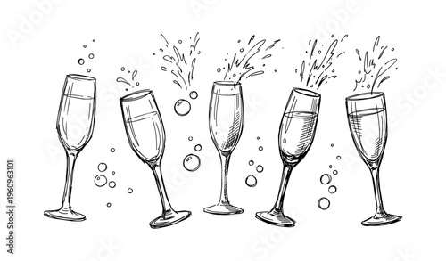 Hand-drawn sketch of five toasting champagne glasses with bubbles