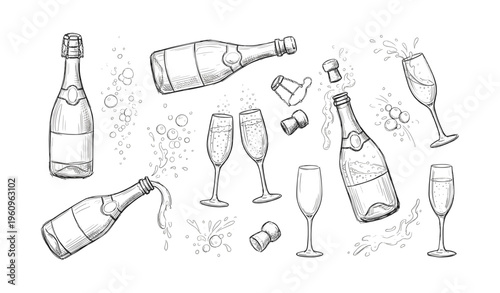 Hand-drawn champagne bottles, flutes, corks, and bubbles celebration