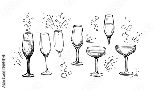 Elegant sketch of various champagne and wine glasses with bubbles