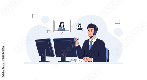 Customer service representative with headset working on computers, video call