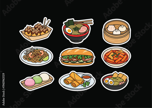 Cartoon Southeast Asian Food Sticker Set Including Dim Sum, Fried Rice, Curry, Noodles and Various Local Dishes on Black Background