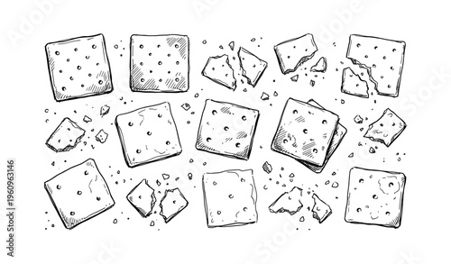 Hand-drawn crackers pattern with whole and broken pieces
