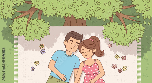 Couple relaxing together on picnic mat in park romantic moment