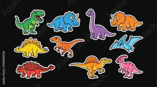 A vibrant collection of cute cartoon dinosaurs in various colors and species, including T-Rex, Triceratops, and Stegosaurus, with white outlines on a dark background.