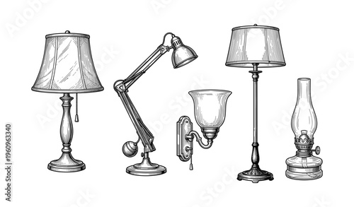 Vintage and modern lamp collection illustrations showcasing diverse designs