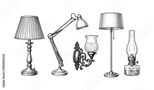 Five vintage lamp designs: table, desk, wall, floor, oil fixtures