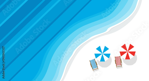 Top view beach coastline with umbrellas and chairs summer background