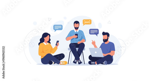 Diverse people communicating online using smartphones and laptop, modern flat illustration