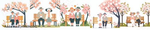 vector of a old couple sitting together on a park bench drinking orange juice in spring