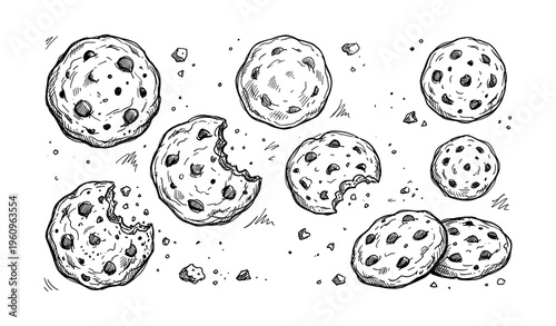 Hand-drawn chocolate chip cookies pattern with crumbs and bites