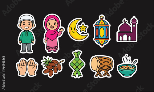 Cute cartoon stickers depicting various elements of Islamic culture and Ramadan celebration, including people, symbols, food, and religious items on a dark background.