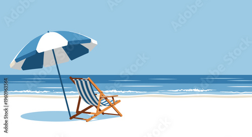 Minimal beach scene with umbrella and chair by the sea summer vibe