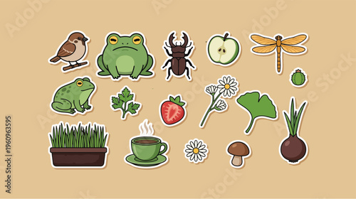 Collection of cute cartoon nature stickers featuring various animals, plants, and other natural elements on a plain beige background.