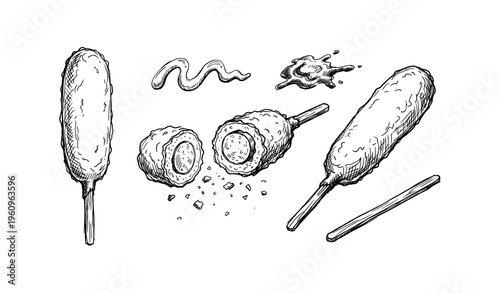 Hand-drawn corn dog varieties with mustard and ketchup