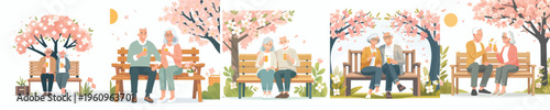 vector of a old couple sitting together on a park bench drinking orange juice in spring