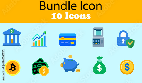 Finance and banking vector icon set featuring 10 colorful flat symbols for money management, investment, cryptocurrency and secure payment