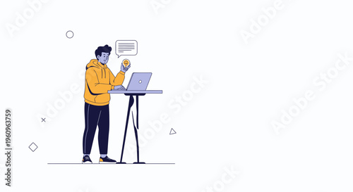 Man holding cryptocurrency coin near laptop, digital finance concept