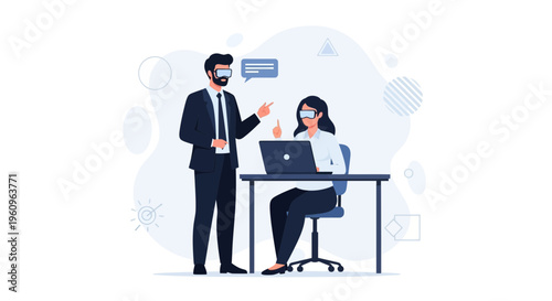 Teamwork in VR: Colleagues collaborate using virtual reality headsets and laptop