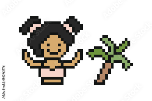 Cartoon woman in swimming suit bikini 2 piece beach summer time with 8 bit,swim,swimsuit,pool.