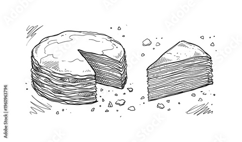 Hand-drawn black-and-white layered cake with sliced section and crumbs