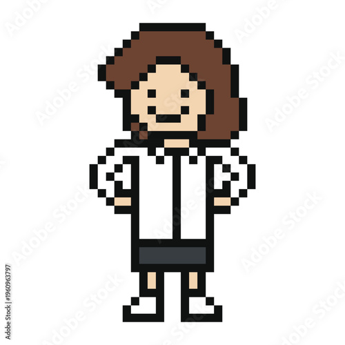 Cartoon doctor scientist woman female care medical pharmacist in uniform with hospital,8 bit,lab,medicine,background.