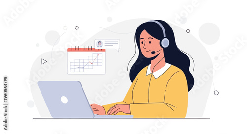 Customer service operator with headset and laptop, planning and scheduling
