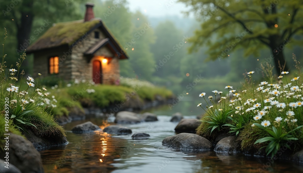 Obraz premium Small stone cottage with mossy roof sits by a stream. Wild daisies grow on the bank. The warm light from the window creates a cozy, inviting atmosphere.
