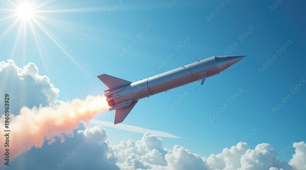 Fototapeta premium Rocket launching into clear blue sky with fiery exhaust trail. Aerospace innovation concept symbolizing technology, exploration, startup growth and ambition, ideal for science and future themes