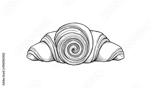Hand-drawn croissant illustration with spiral center in black and white