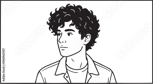 Black and white line drawing of a young man with curly hair looking sideways, wearing a collared shirt.