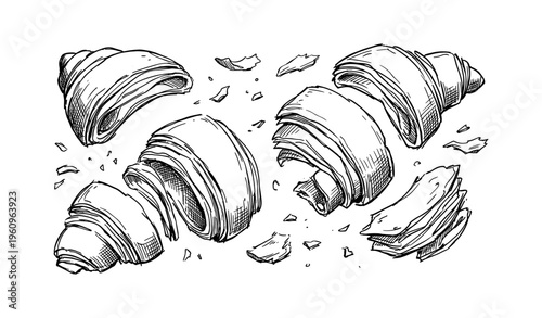Hand-drawn croissants with flaky layers and crumbs on white background