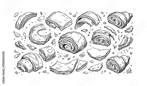 Hand-drawn croissant and pastry sketch with flaky layers and crumbs