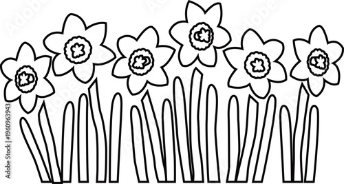 水仙の花畑の風景アウトライン白黒線画イラスト