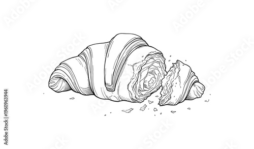 Detailed line art of a croissant with visible layers and crumbs