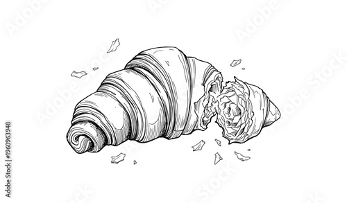 Monochrome detailed croissant sketch with flaky texture