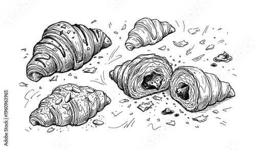 Hand-drawn croissant illustrations with crumbs and textured patterns