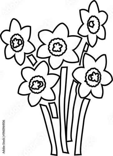 水仙5輪の花と茎のアウトライン白黒線画イラスト