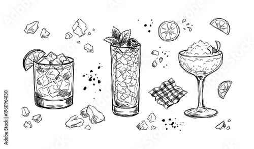 Hand-drawn cocktail glasses with ice and citrus garnishes