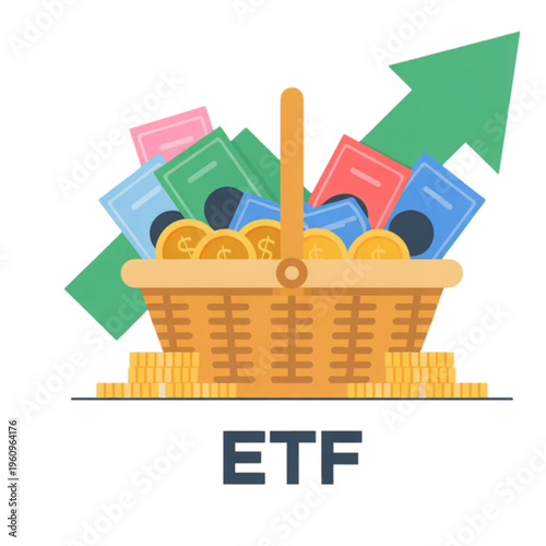 ETF investment basket with gold coins.
