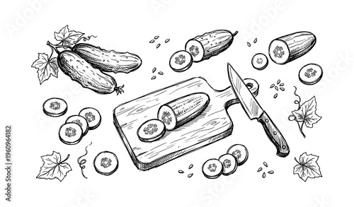 Hand-drawn cucumber sketch on cutting board with knife and vine leaves