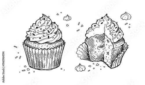 Black and white cupcake illustrations: whole and halved