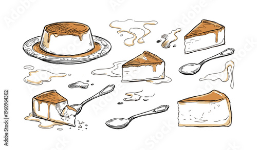 Delicious caramel cheesecake and flan slices with spoons in sketch style
