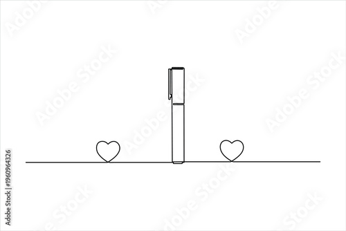 Minimalist one-line drawing of a pen with two hearts on a continuous horizontal path. Perfect for creative writing, journaling, and romantic notes.